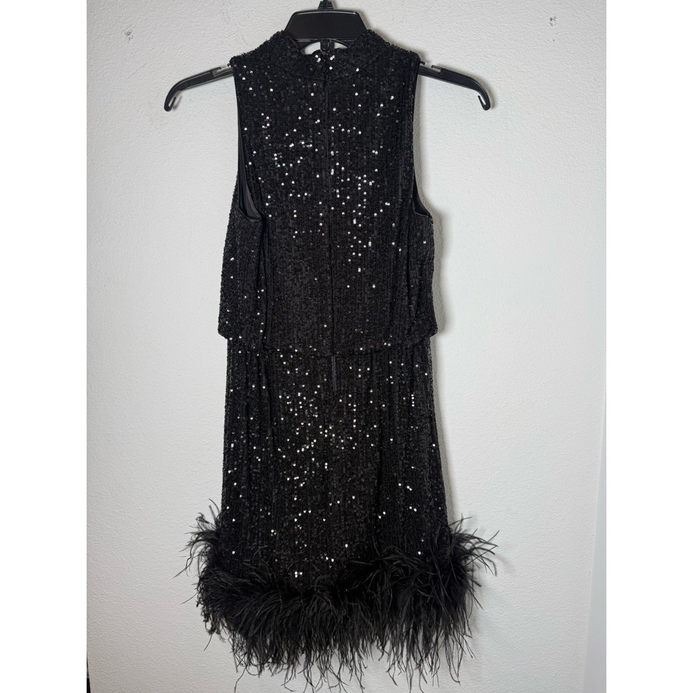 Eliza J Black Sequined Feathered Zippered Sleeveless Halter‎ Dress Size 8 Party - Picture 4 of 9